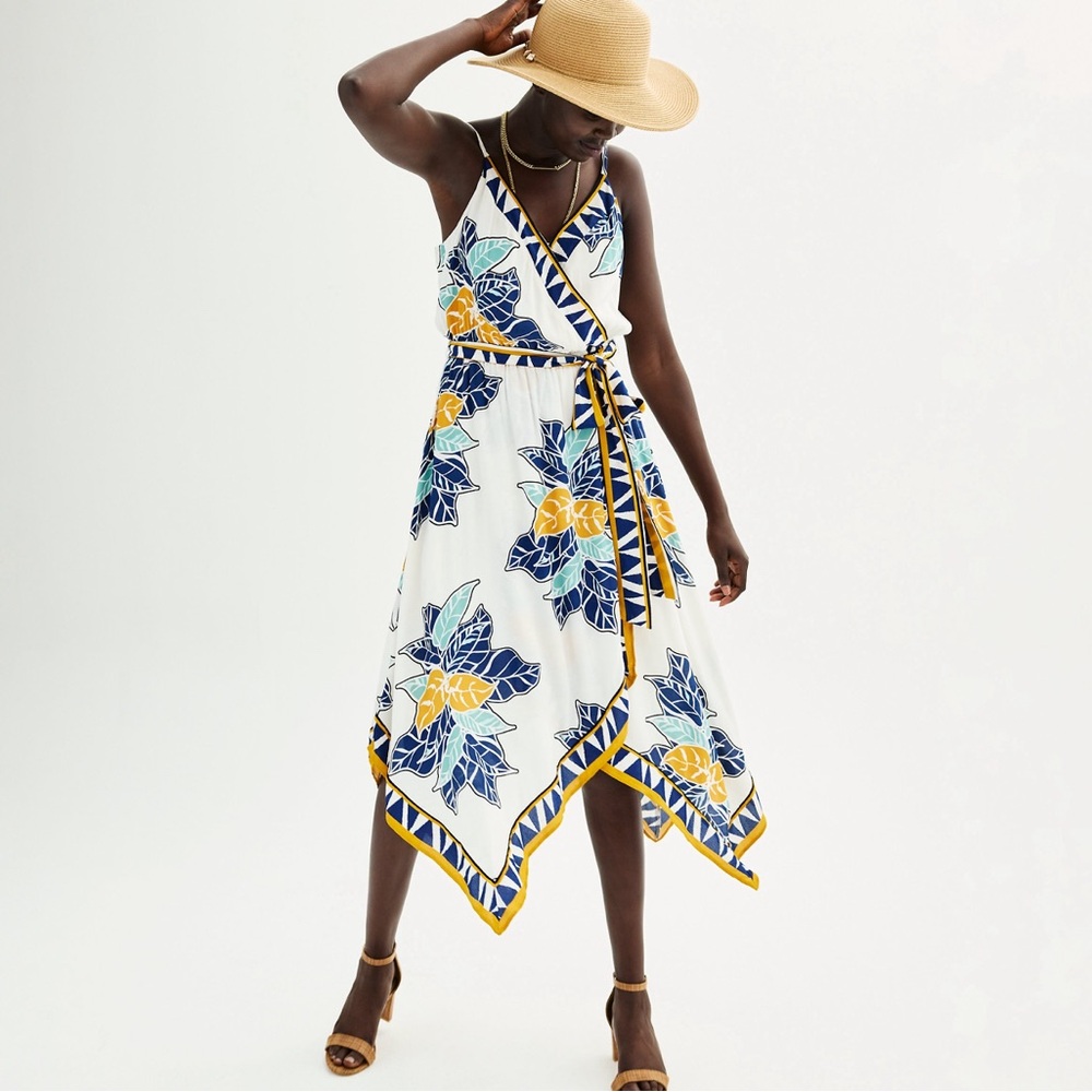Nine West Floral Tropical Vacation Scarf faux Wrap Dress - Sz S